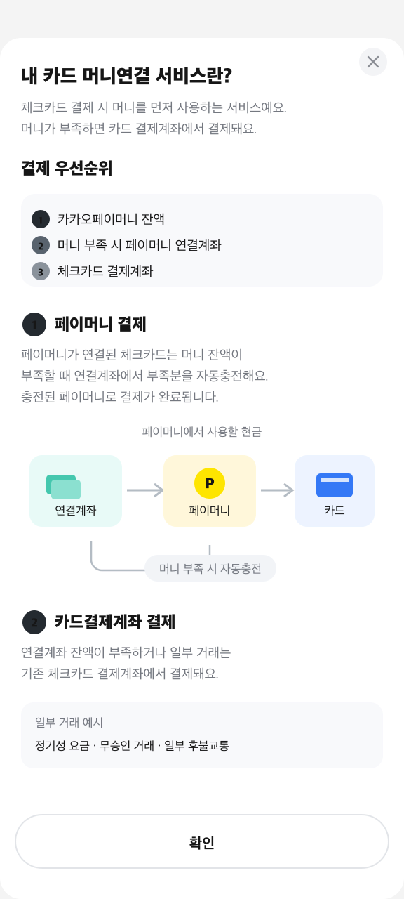 페이머니 잔액, 머니 연결계좌, 체크카드 결제계좌 순서 안내